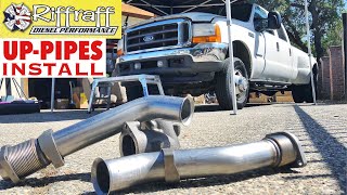 2001 F350 73  RiffRaff UpPipes Install  Stock up pipes leaking and falling apart JUNK SP [upl. by Koeninger]